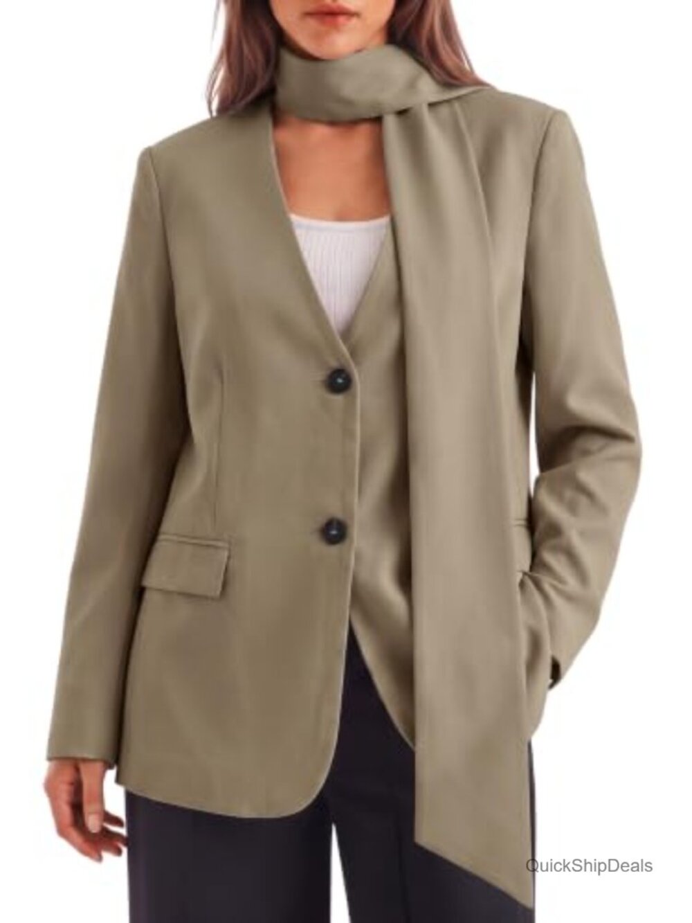 Womens Plaid Blazer V Neck Button Down Suit Jacket Scarf Casual